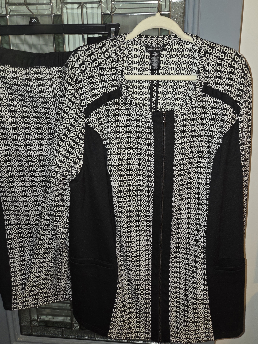 Catherines Black Label Black and White Geometric Zip Jacket And Skirt